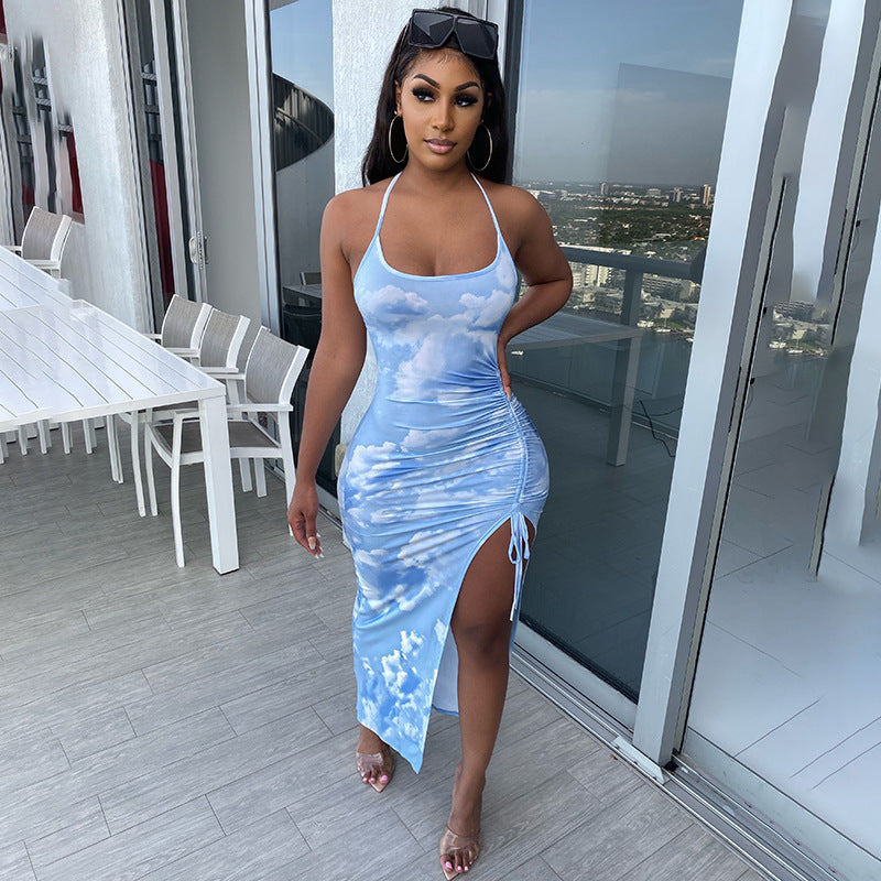 Sky Printed Slit Pleated Drawstring Sexy Halterneck Dress