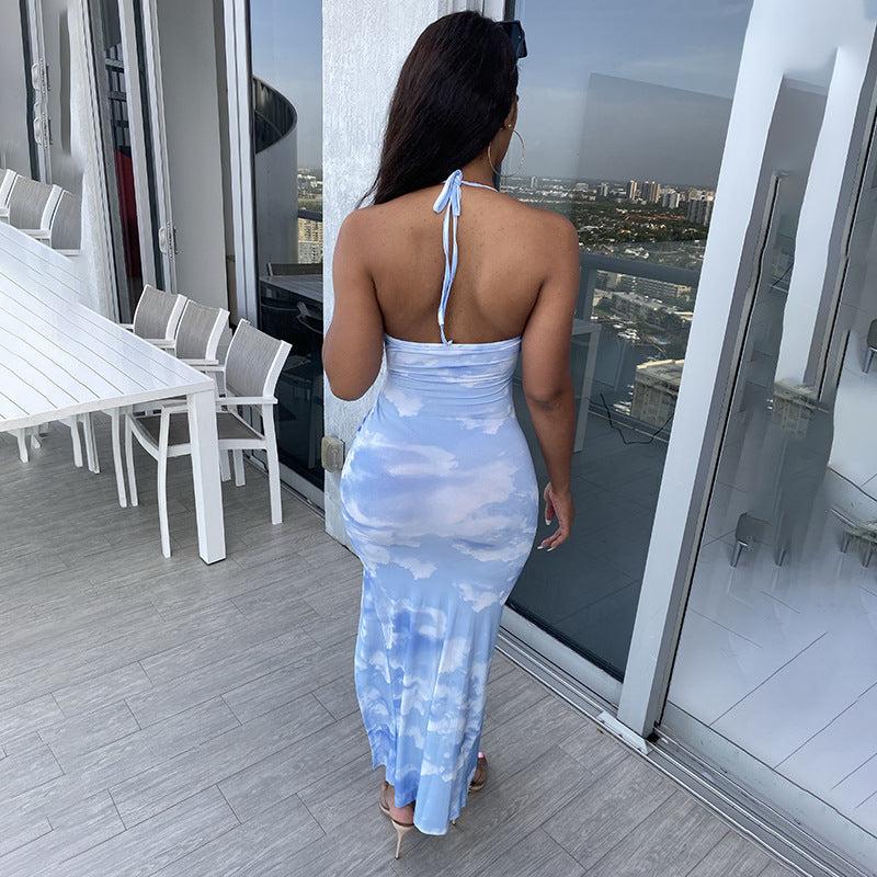 Sky Printed Slit Pleated Drawstring Sexy Halterneck Dress