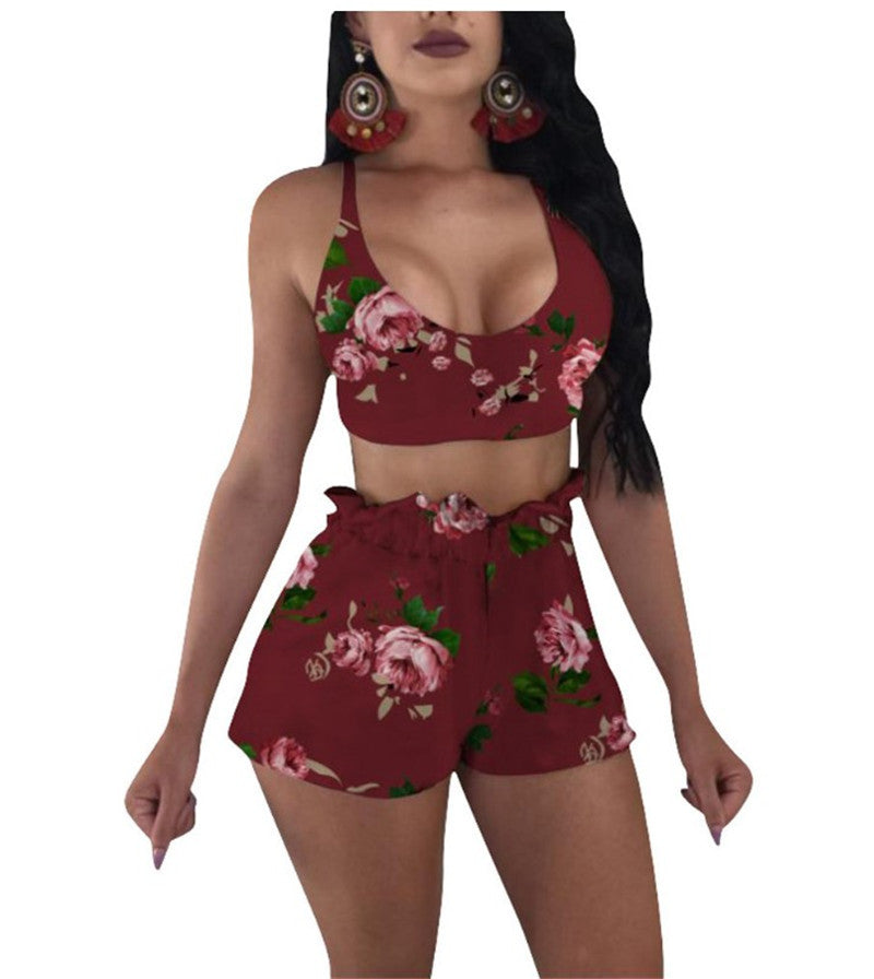 Printed Two-Piece Wrap Chest Shorts Outfit