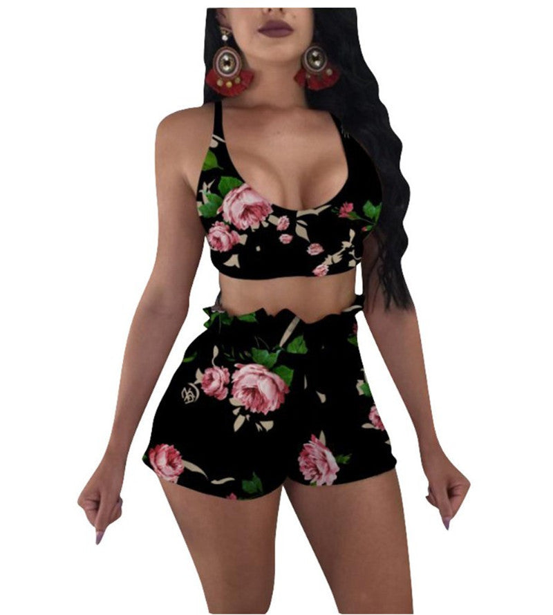 Printed Two-Piece Wrap Chest Shorts Outfit