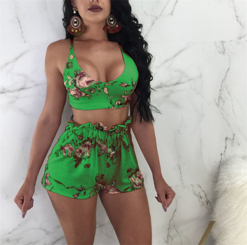 Printed Two-Piece Wrap Chest Shorts Outfit
