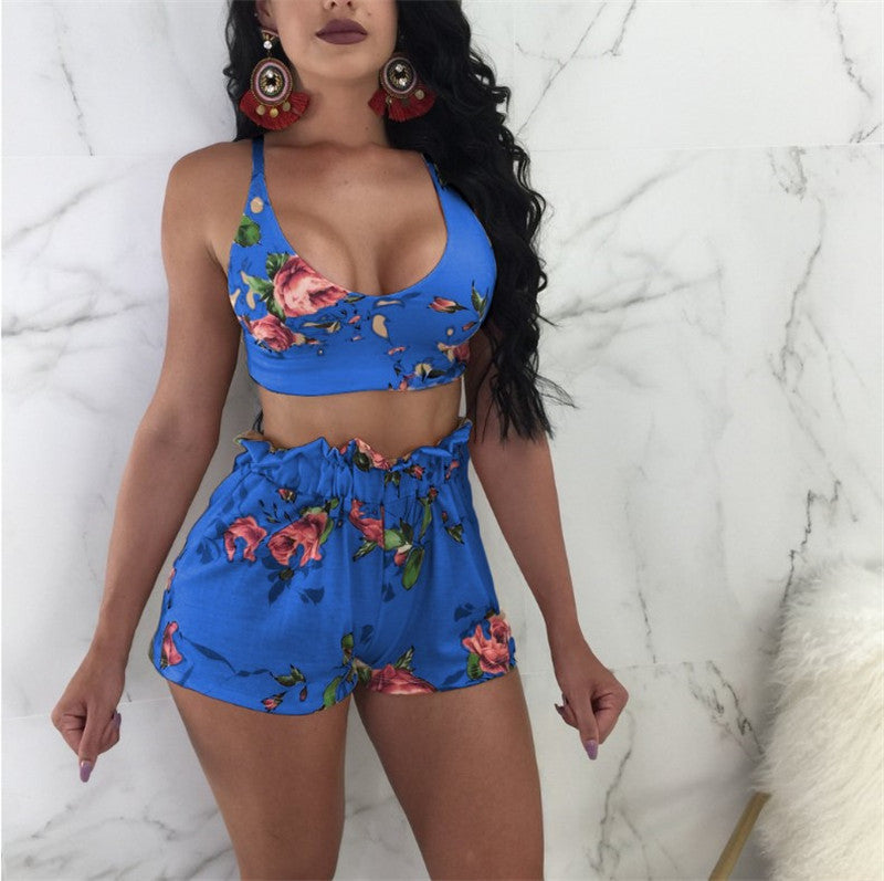Printed Two-Piece Wrap Chest Shorts Outfit