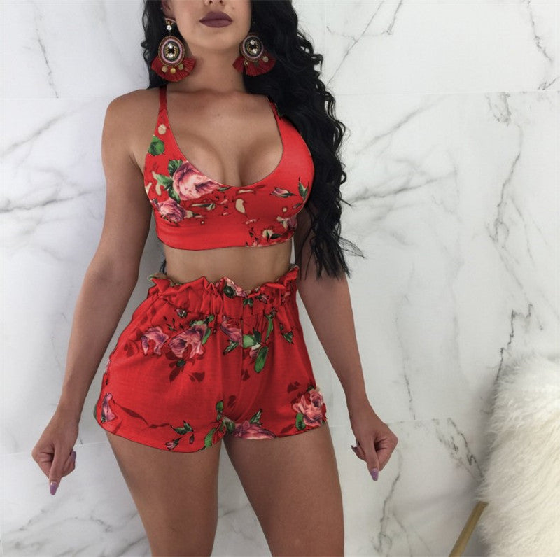 Printed Two-Piece Wrap Chest Shorts Outfit