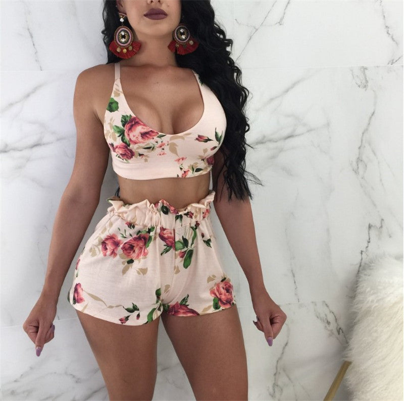 Printed Two-Piece Wrap Chest Shorts Outfit