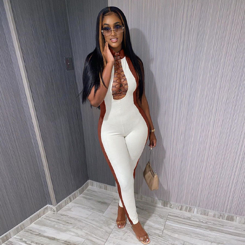 Sexy Sleeveless White & Autumn Brown Jumpsuit