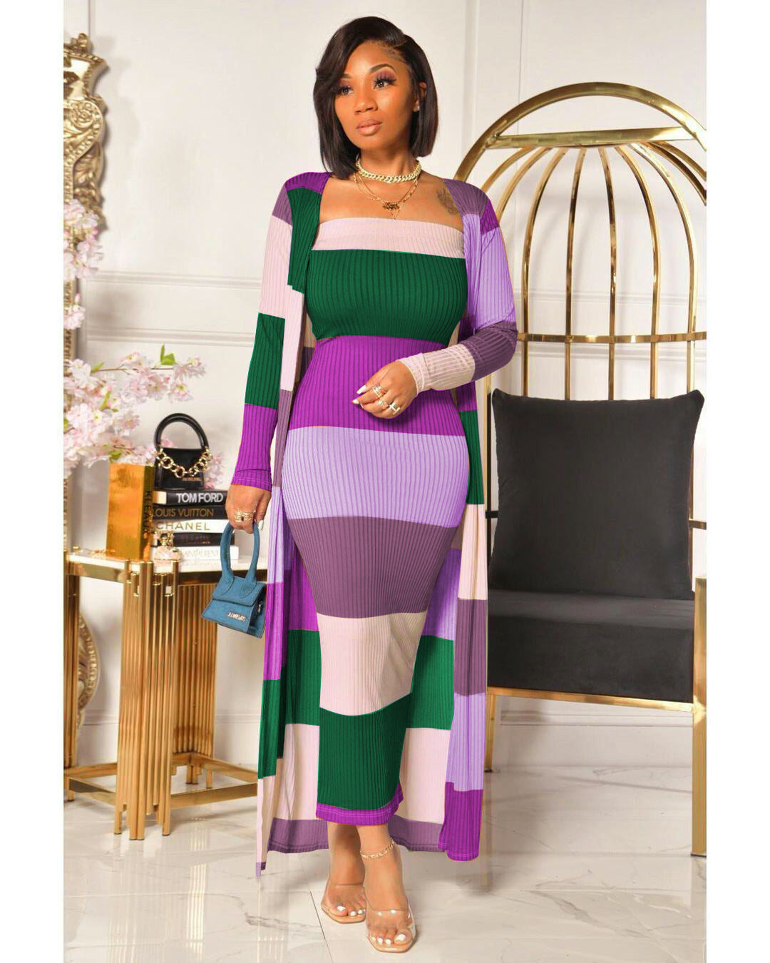 " 2-Piece Ladies Striped Jacket And Strapless Long Dress "