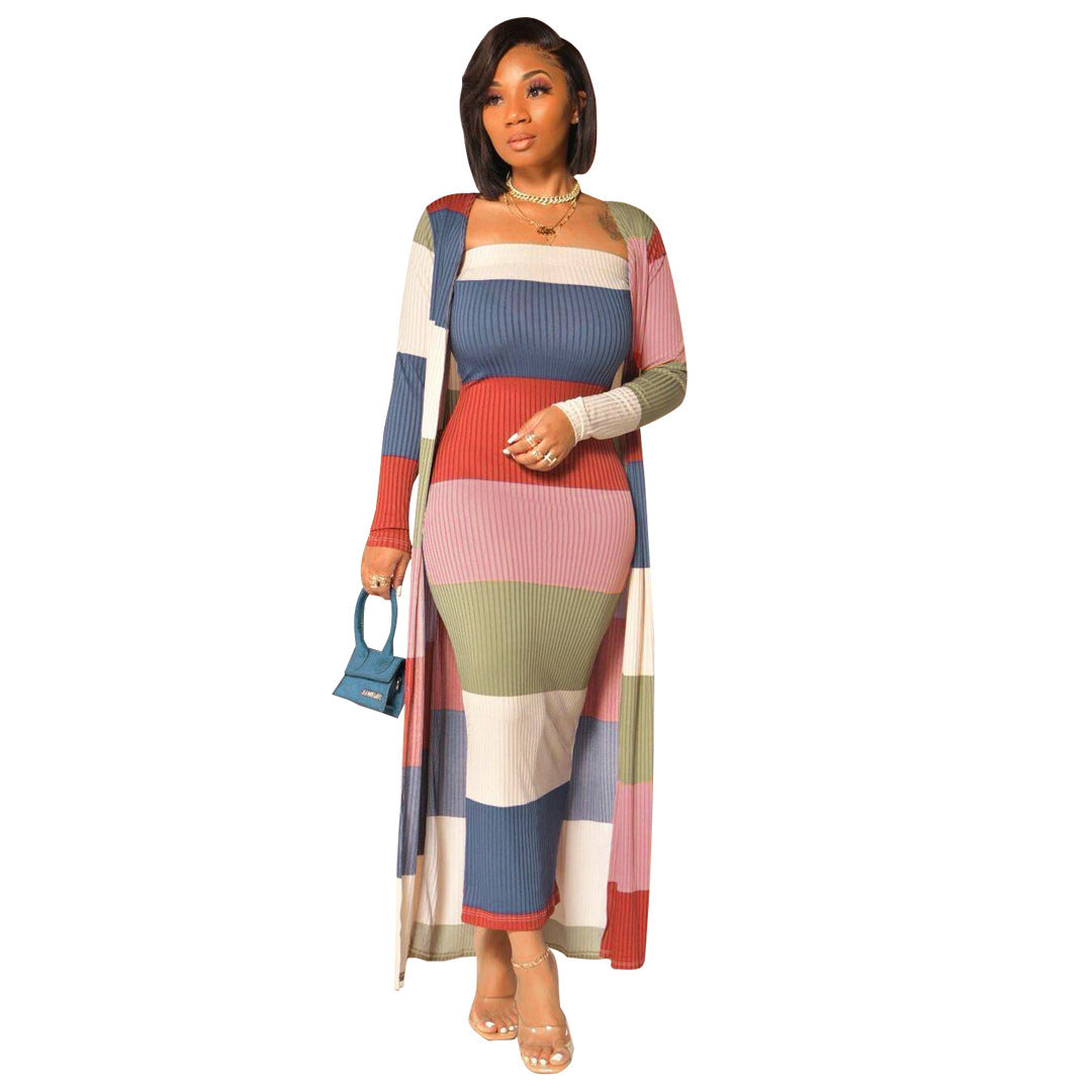 " 2-Piece Ladies Striped Jacket And Strapless Long Dress "