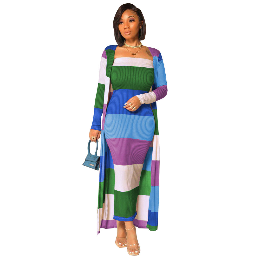 " 2-Piece Ladies Striped Jacket And Strapless Long Dress "