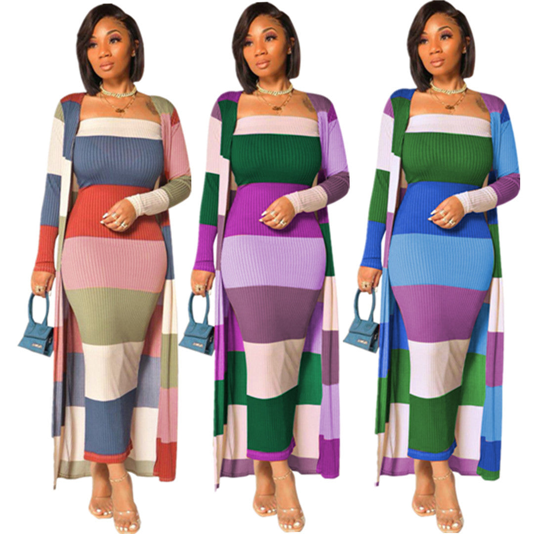 " 2-Piece Ladies Striped Jacket And Strapless Long Dress "