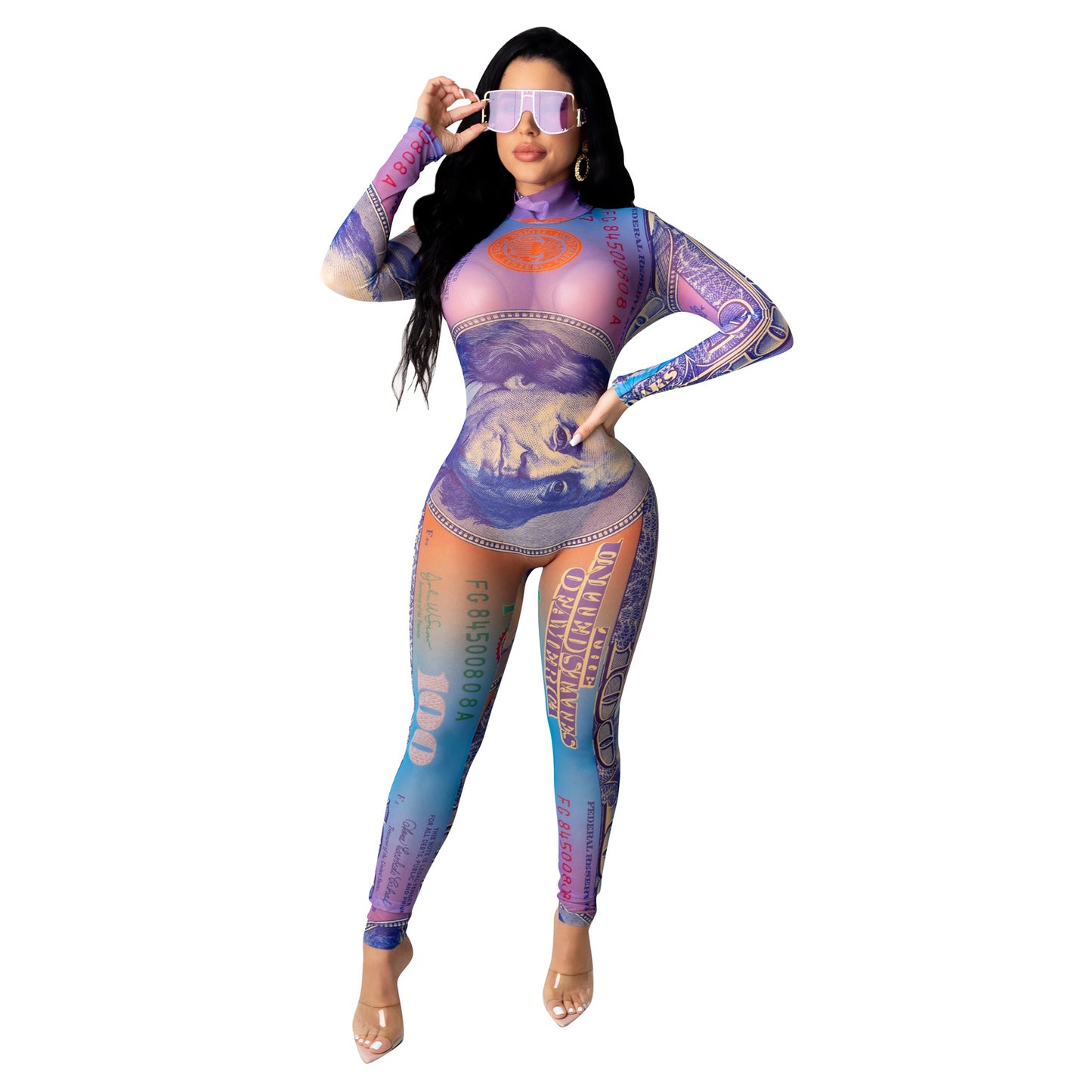 "Sexy Dollar Dollar Bill" Printed Mesh Long Sleeve Jumpsuit
