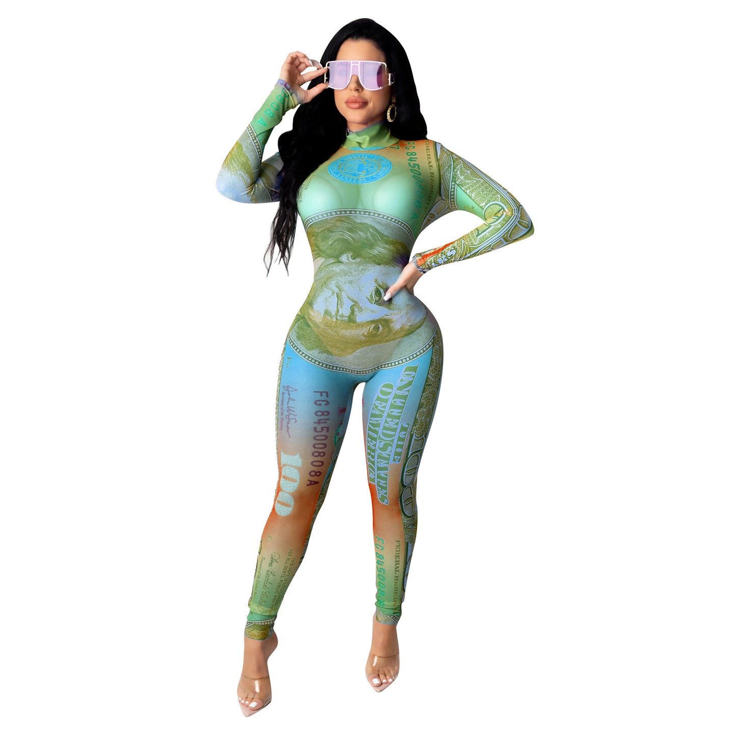 "Sexy Dollar Dollar Bill" Printed Mesh Long Sleeve Jumpsuit