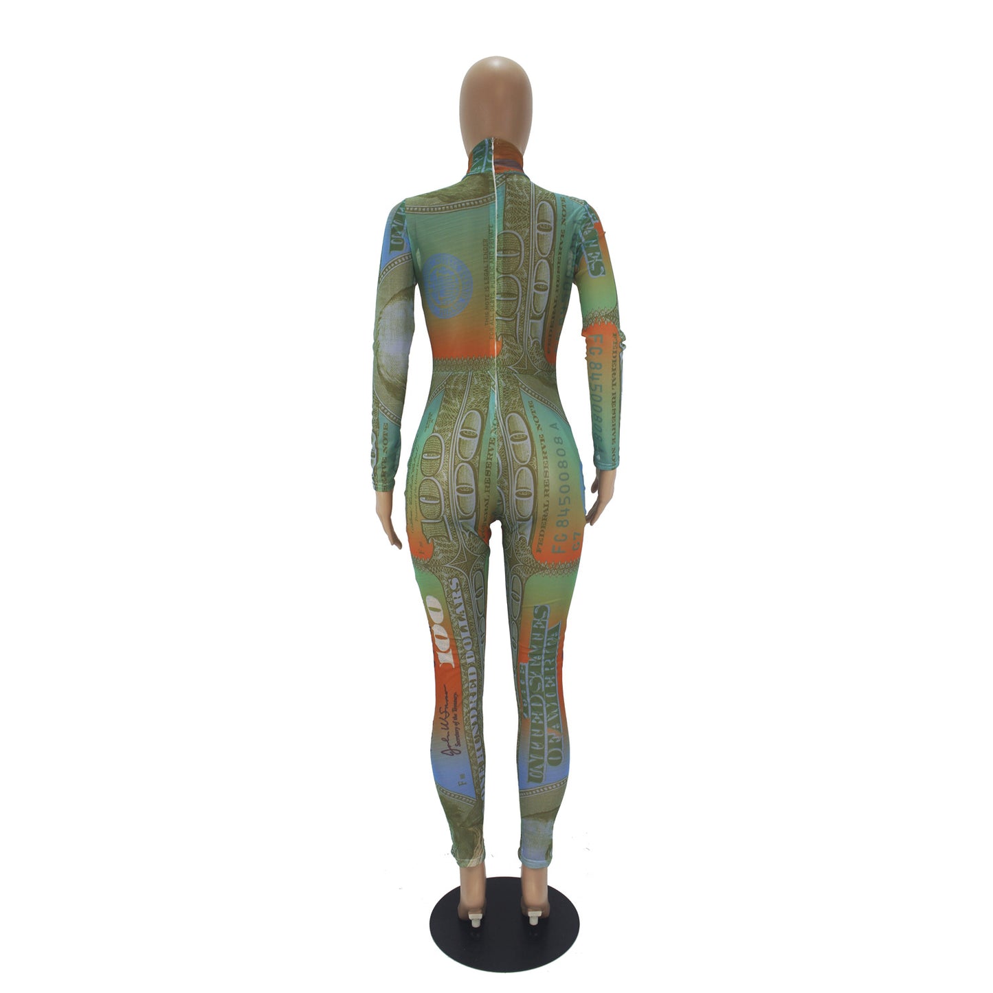 "Sexy Dollar Dollar Bill" Printed Mesh Long Sleeve Jumpsuit