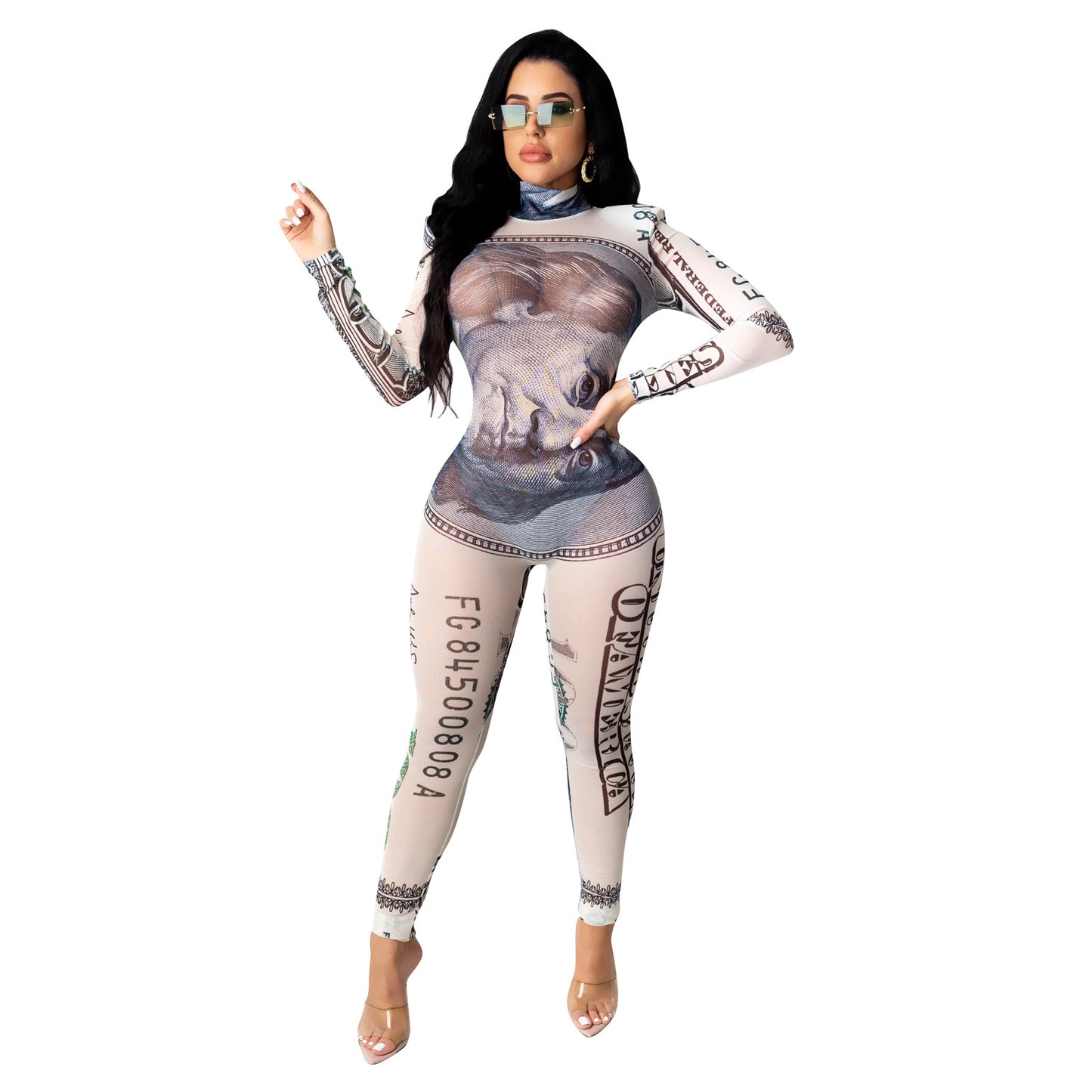 "Sexy Dollar Dollar Bill" Printed Mesh Long Sleeve Jumpsuit