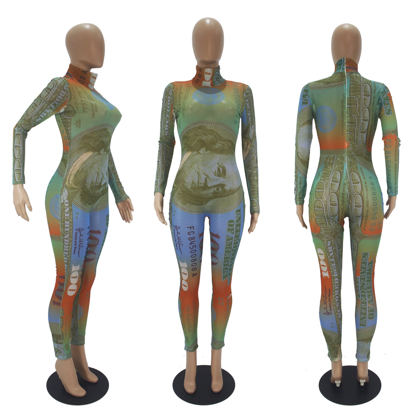 "Sexy Dollar Dollar Bill" Printed Mesh Long Sleeve Jumpsuit