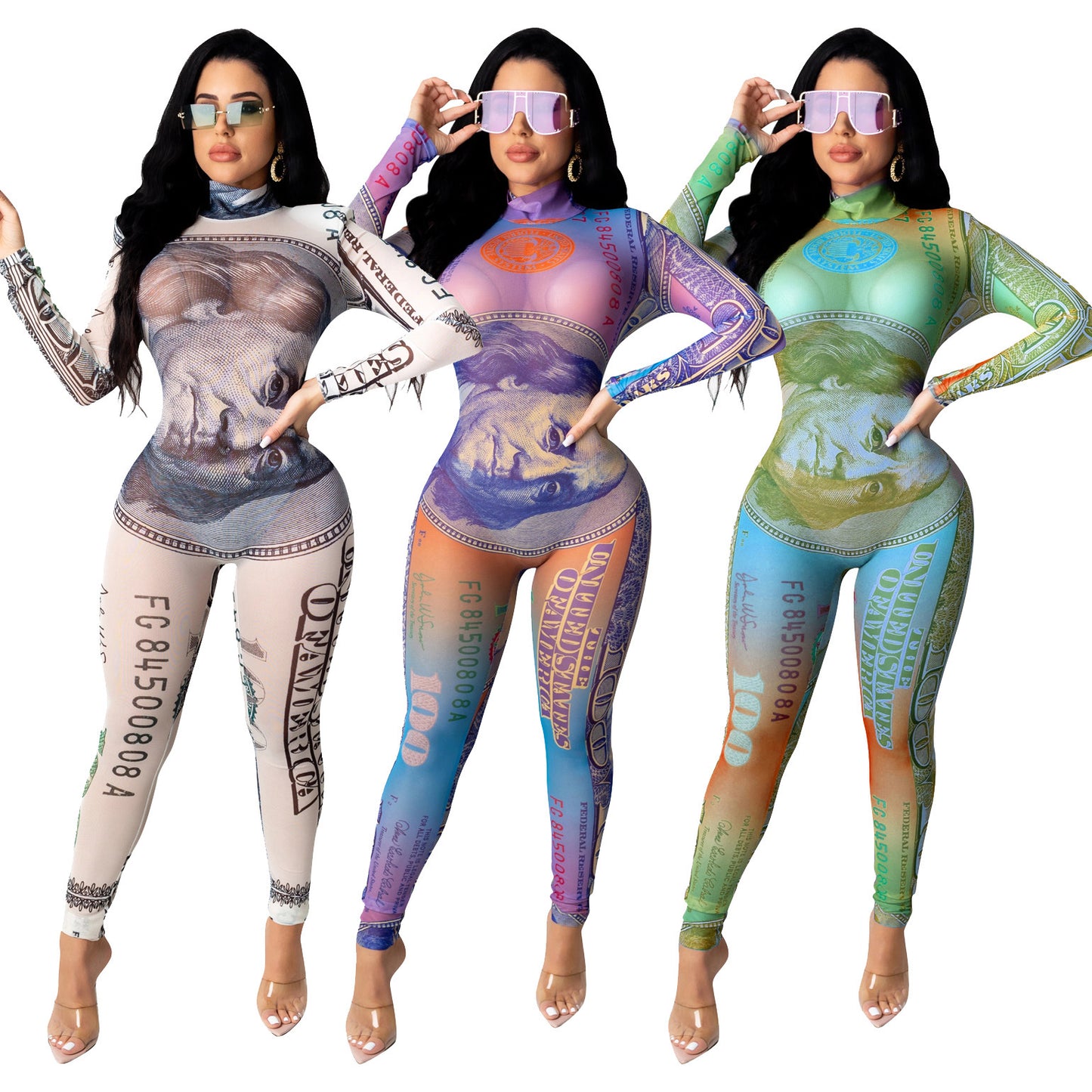 "Sexy Dollar Dollar Bill" Printed Mesh Long Sleeve Jumpsuit