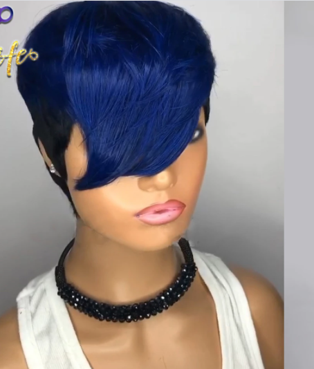 Blue Ombre Wavy Color Short Straight Bob Pixie Cut Made Glueless Non Lace 100 Remy Human Hair Wig