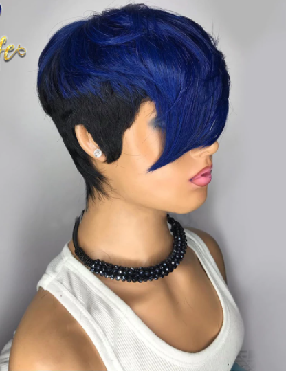Blue Ombre Wavy Color Short Straight Bob Pixie Cut Made Glueless Non Lace 100 Remy Human Hair Wig