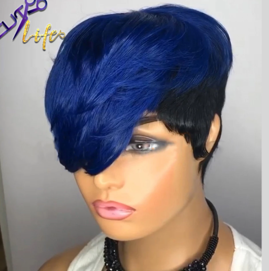 Blue Ombre Wavy Color Short Straight Bob Pixie Cut Made Glueless Non Lace 100 Remy Human Hair Wig