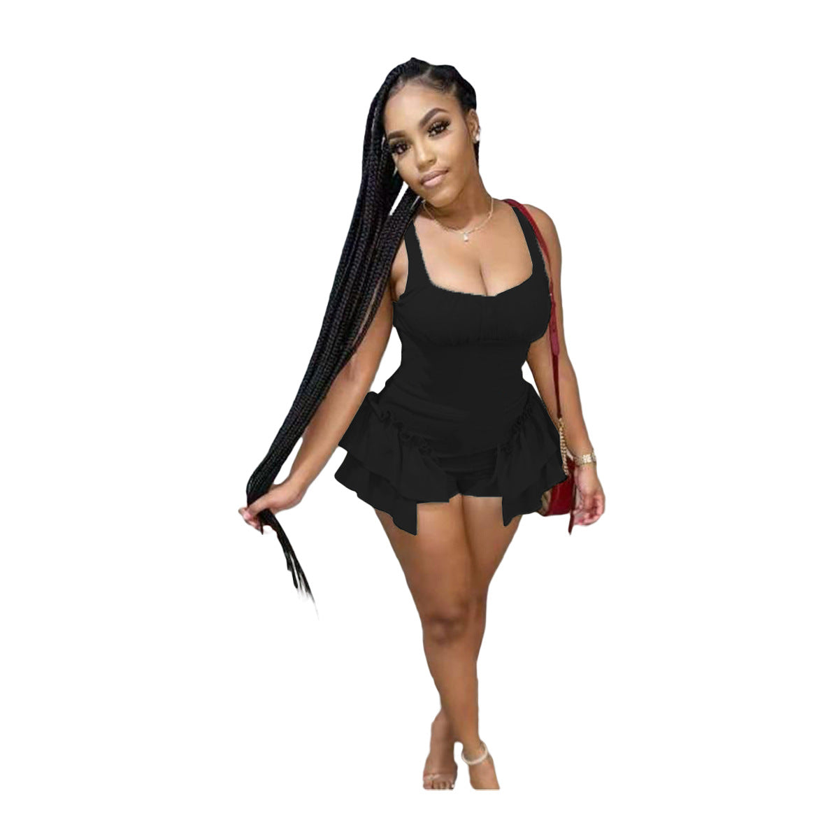 Women's Solid Color Vest Lotus Leaf Romper