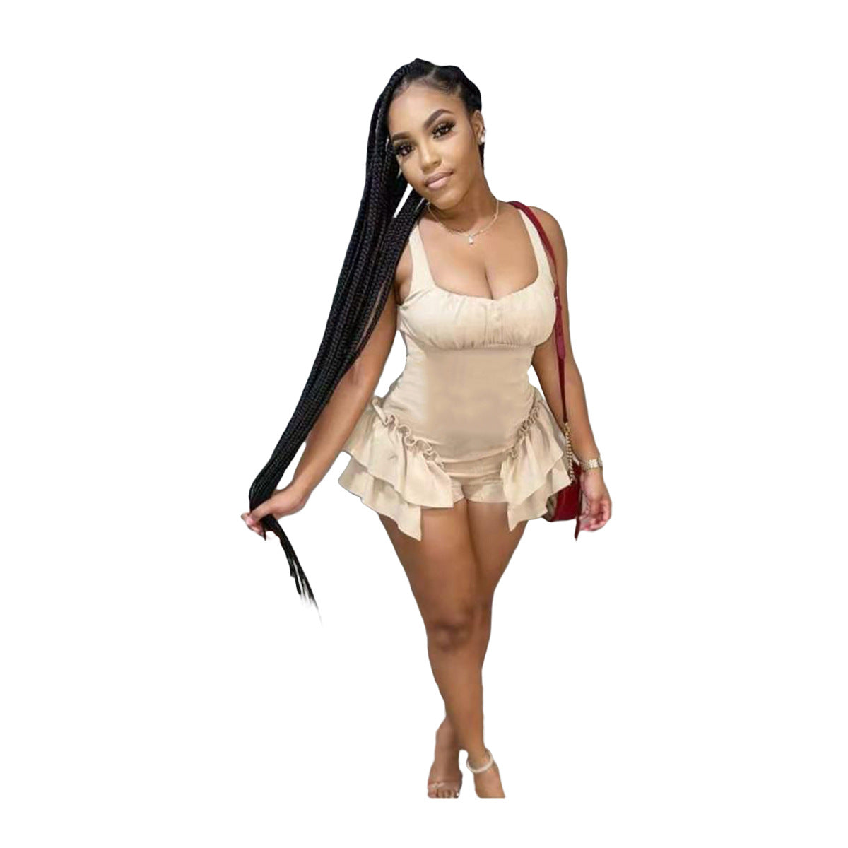 Women's Solid Color Vest Lotus Leaf Romper