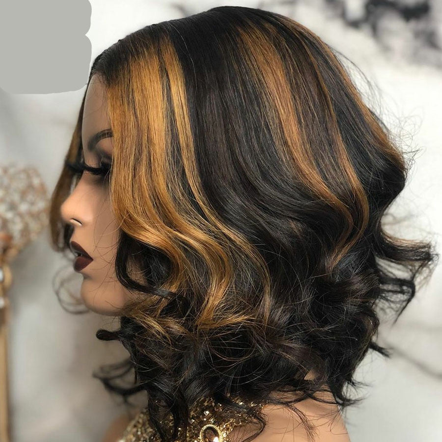 Middle Part Black And Brown Short Curly Bob Synthetic Hair