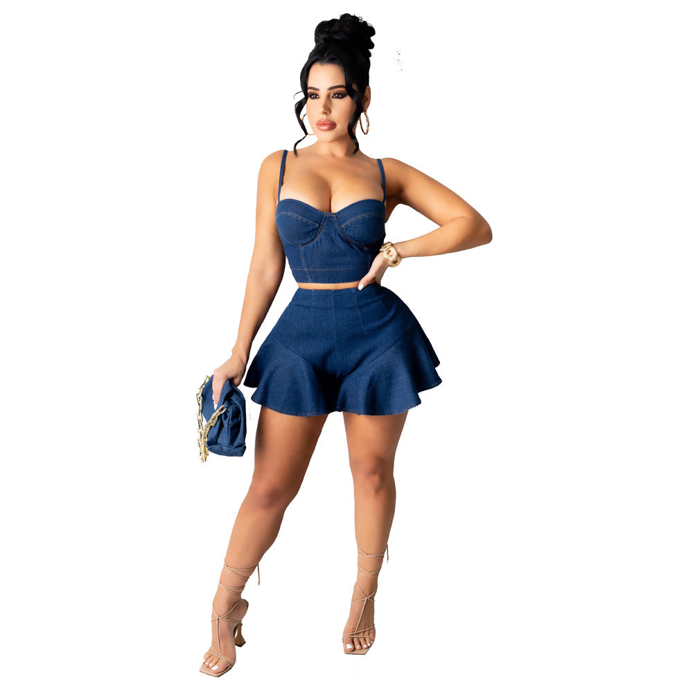 "Runway Goddess"  Denim Crop Top And High Waist Skort