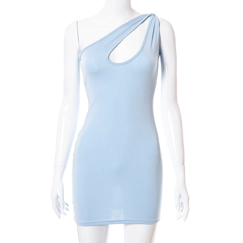 "I'm Solid" Solid Color One-shoulder Sleeveless Hollow Dress