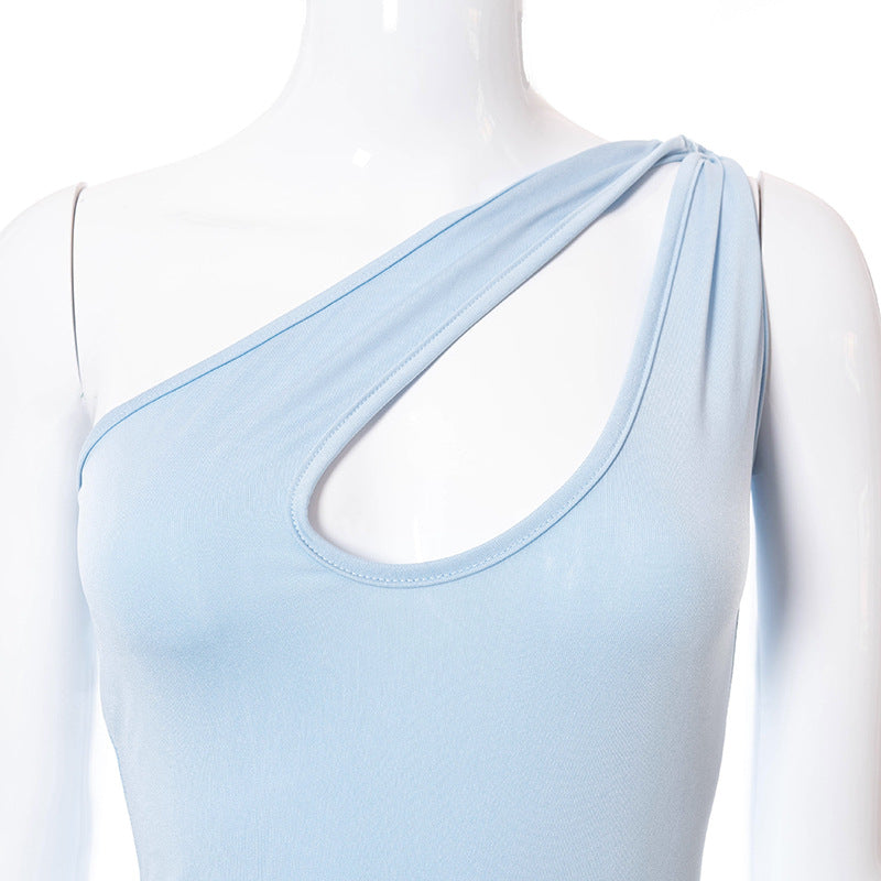 "I'm Solid" Solid Color One-shoulder Sleeveless Hollow Dress