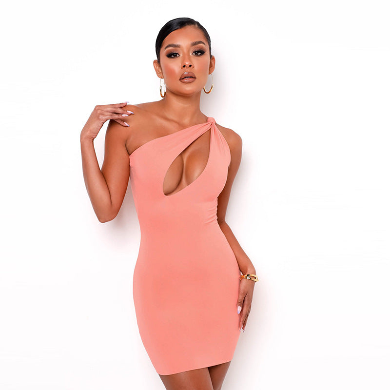 "I'm Solid" Solid Color One-shoulder Sleeveless Hollow Dress