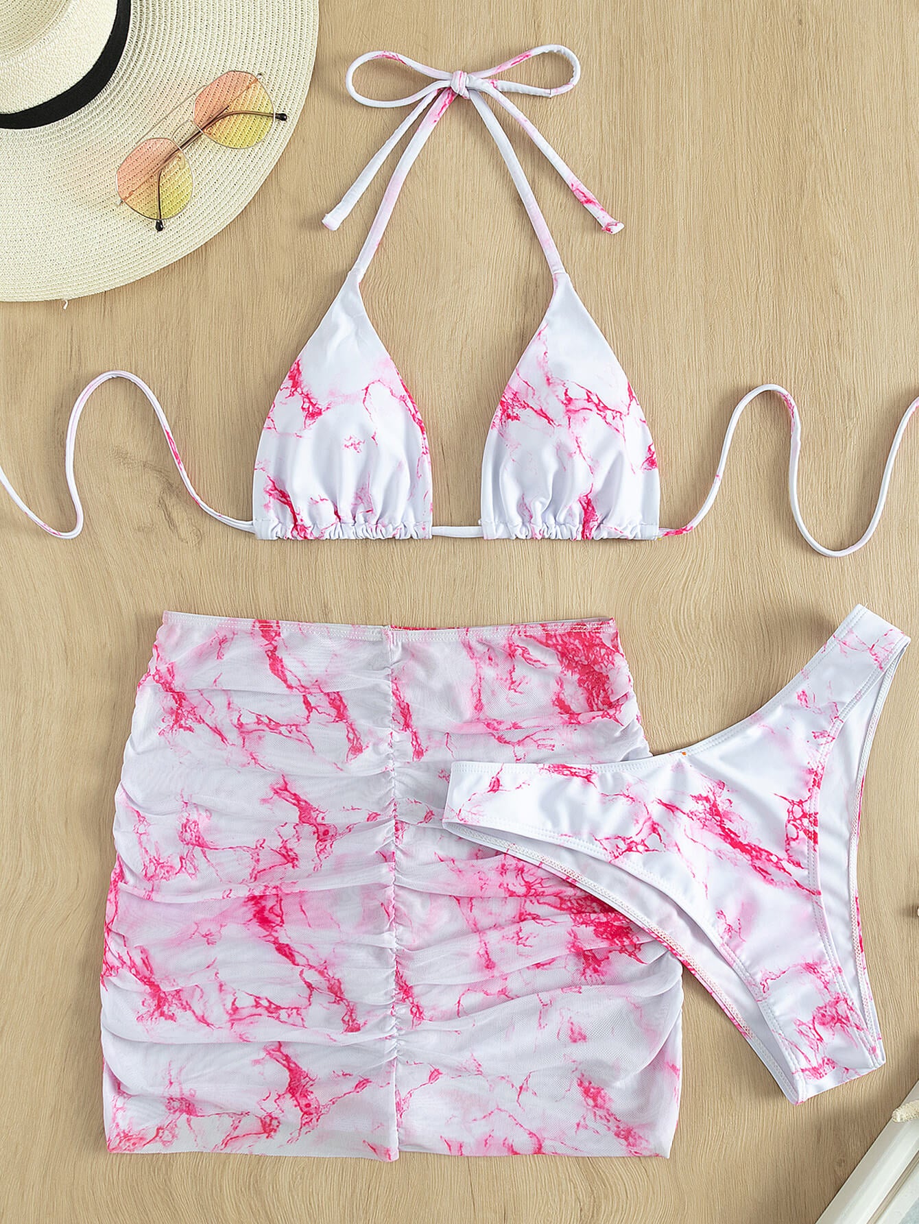 Tie-Dye Halter Neck Ruched Three-Piece Swimsuit