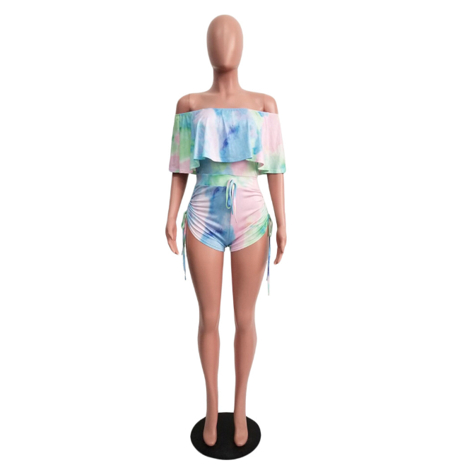 Ruffled Tie Dye Camouflage Printed Romper