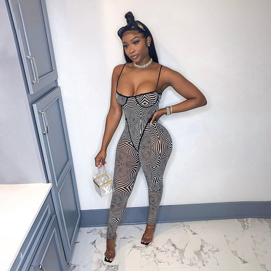 Zebra Pattern Sexy Mesh Printed Bodysuit Jumpsuit Set