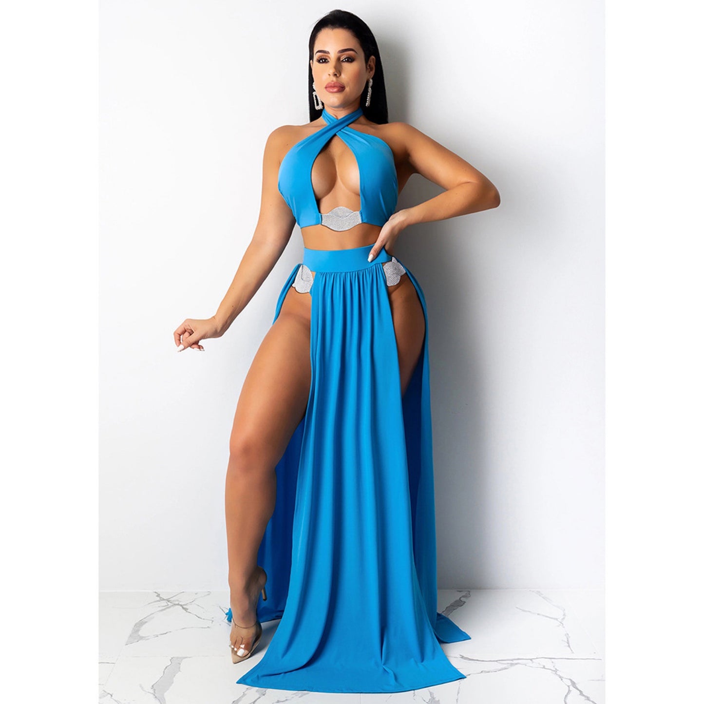 Ladies Split Triangle Bikini Cover-Up Three Piece Swimsuit Set