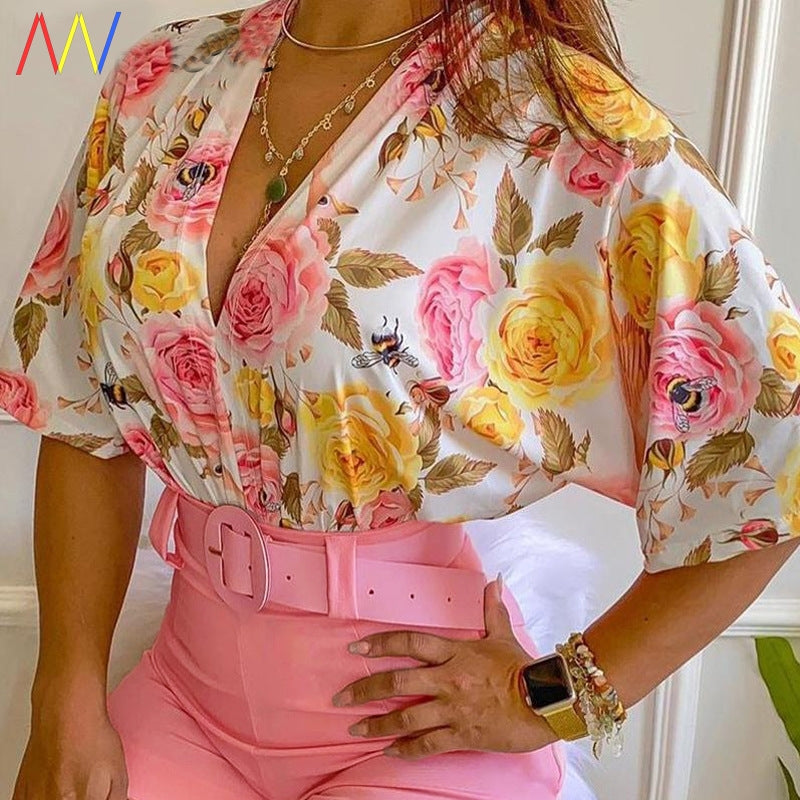 Women's Pink Spring V Neck Floral Print Two Piece Set