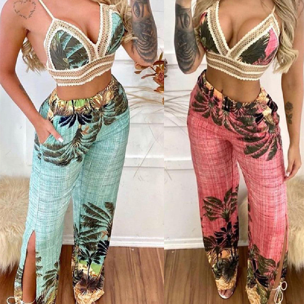 Women's Tropical Print Sexy Crop Top & Slit Pants Two Piece Set