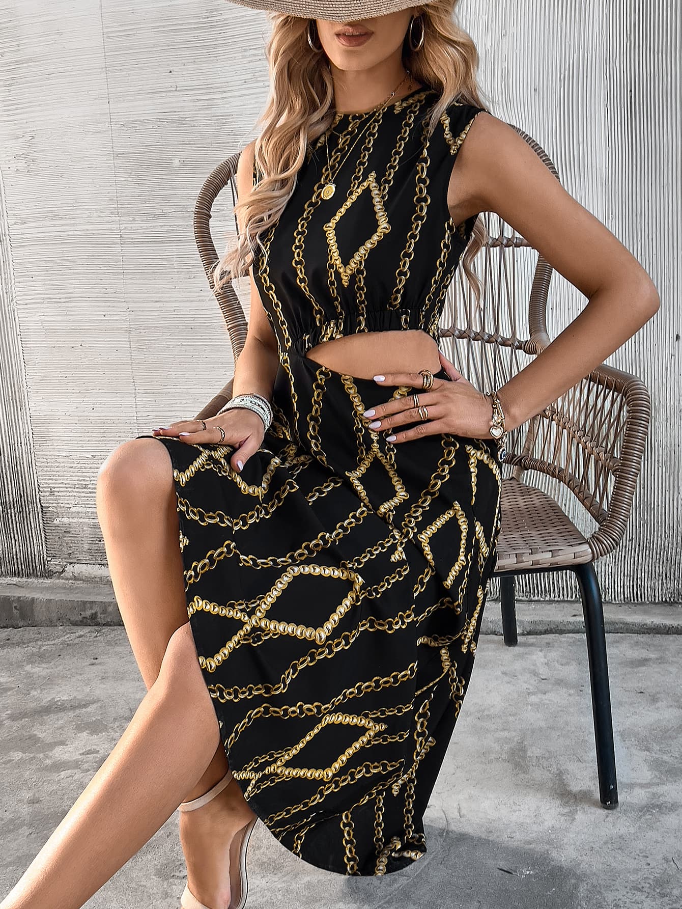 Scarf Print Cutout Waist Sleeveless Dress
