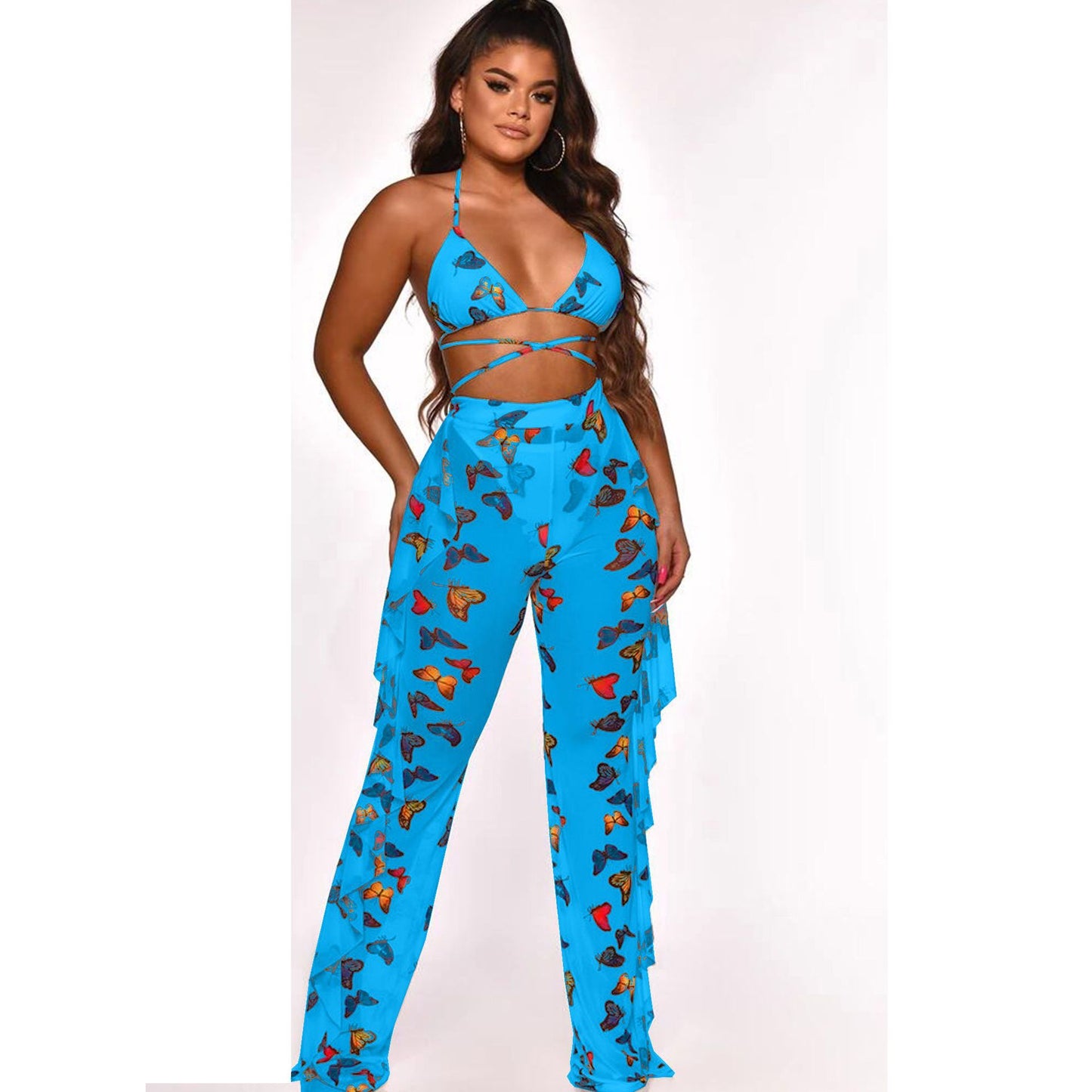 Printed Mesh Pants Two-Piece Set