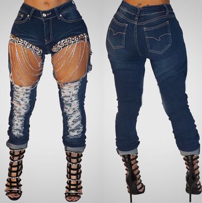 Sexy Women Ripped Chain Jeans