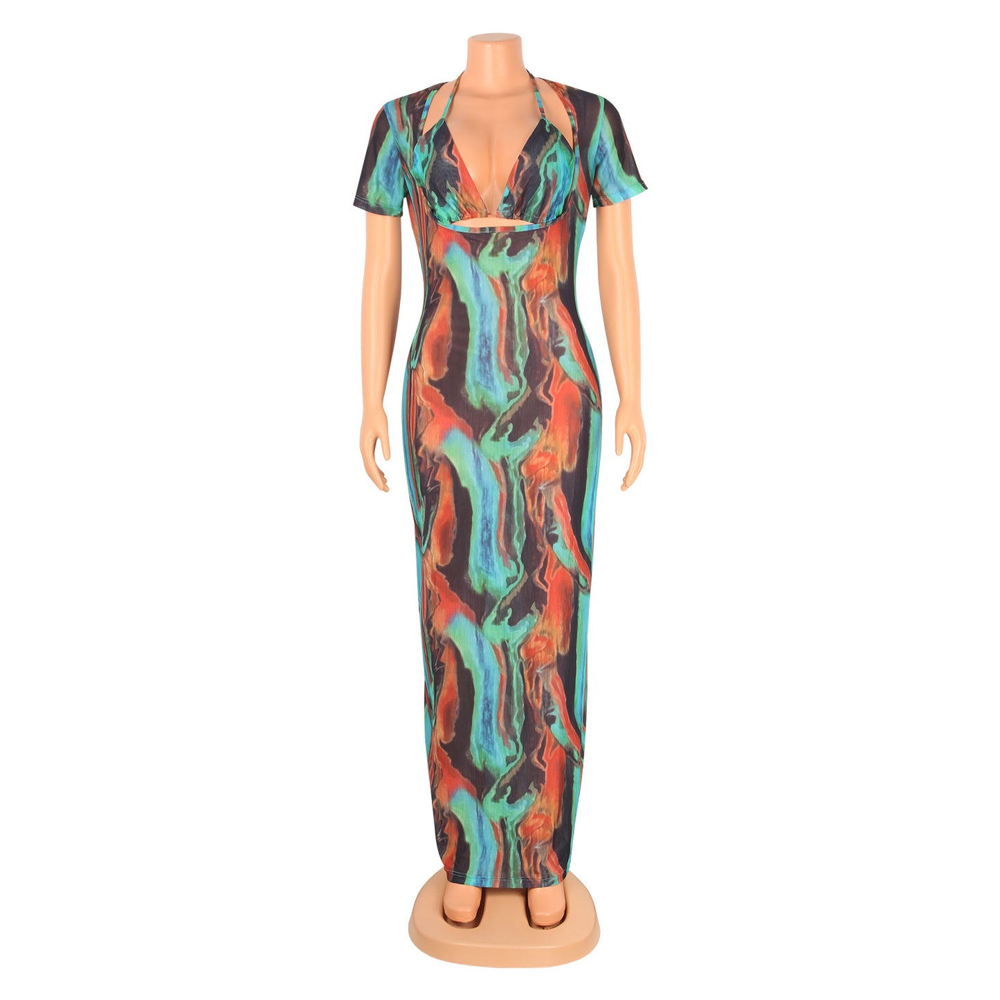 Women's Fashion Sexy Hollow Printed Mesh Dress