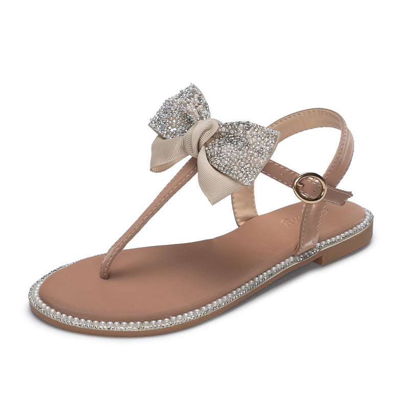 Rhinestone Bow Ladies High End Flat Sandals