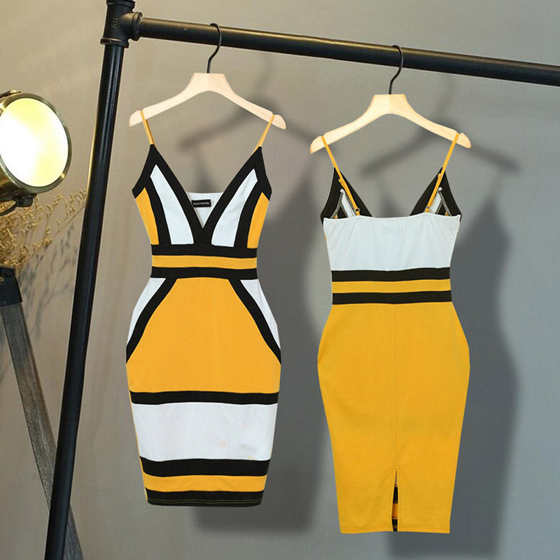 Sexy Yellow Contrast Printed Sling Dress