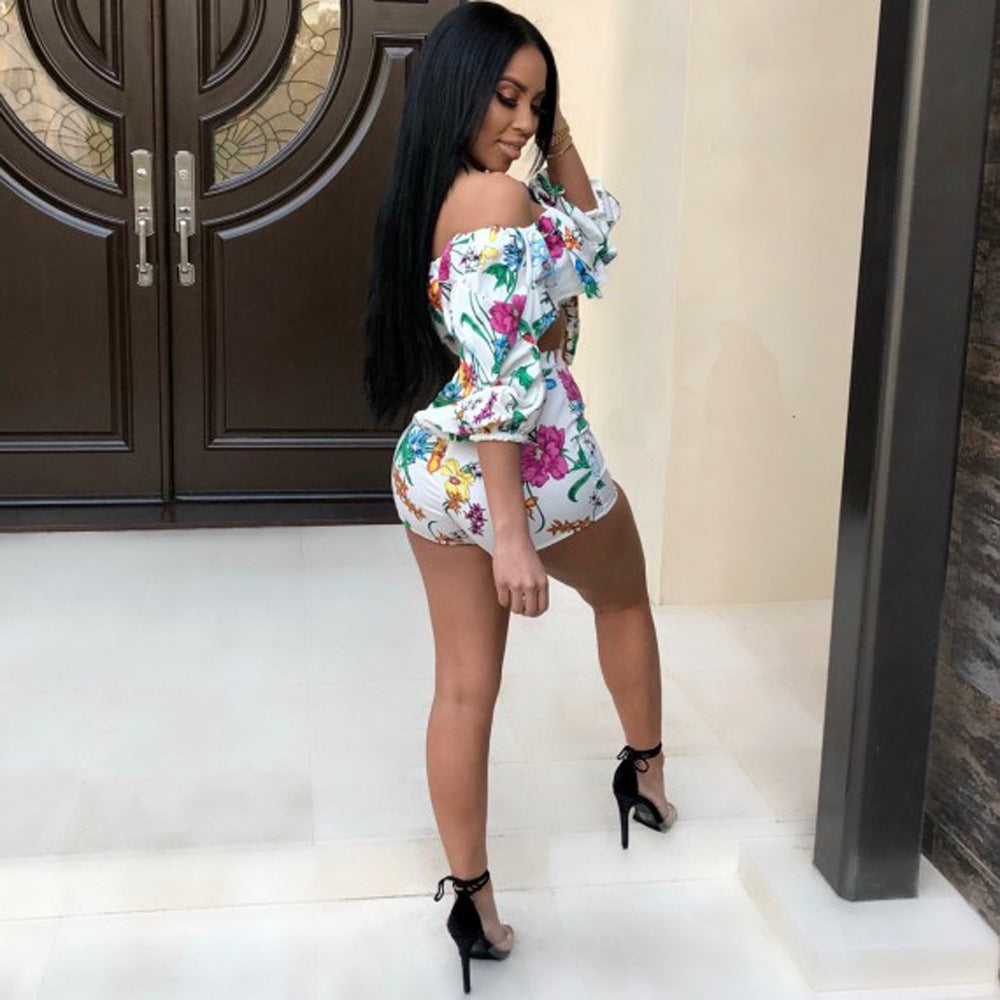 Women's Sexy Flower Printed Puffed Sleeved Two-Piece Set