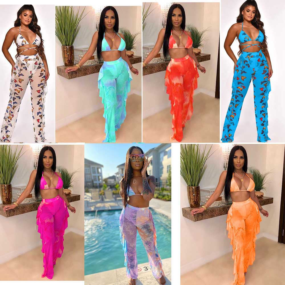 Printed Mesh Pants Two-Piece Set