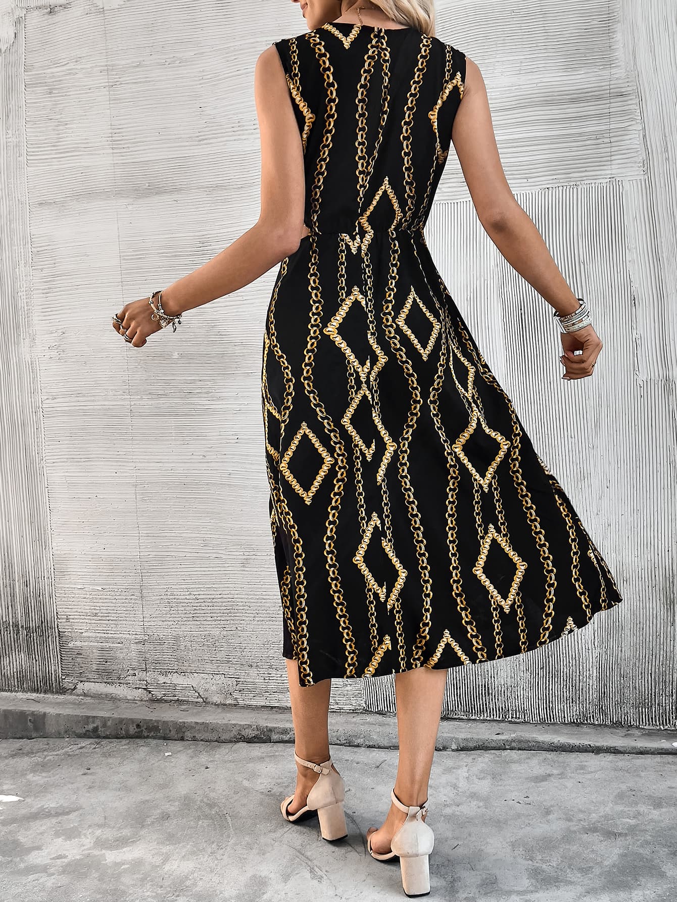 Scarf Print Cutout Waist Sleeveless Dress