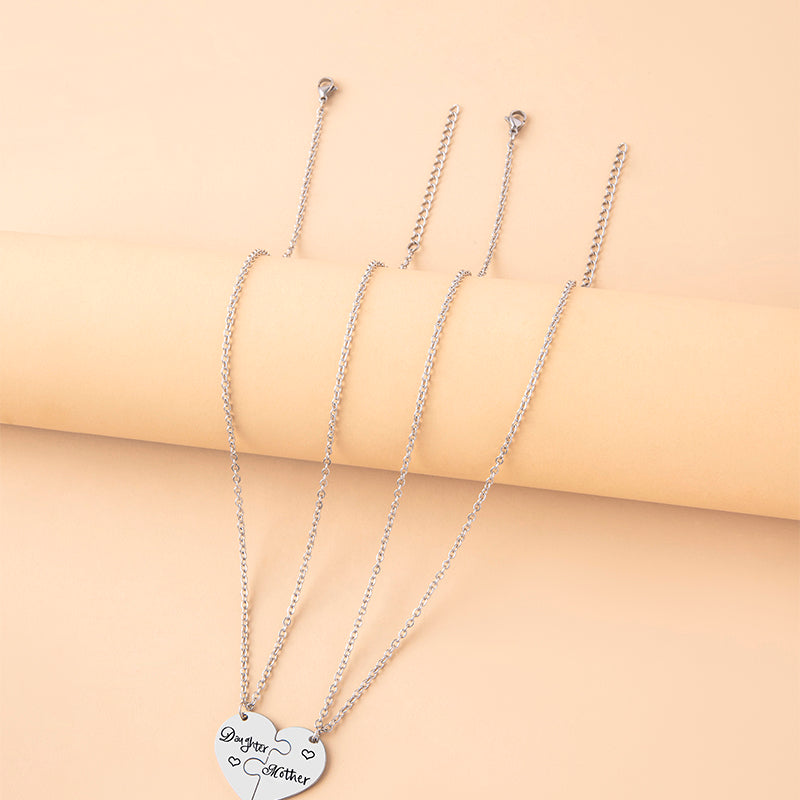 2 PCS Love Daughter Mother Puzzle Heart Pendant Necklace Silver Stainless Steel Mothers Day Jewelry Gift