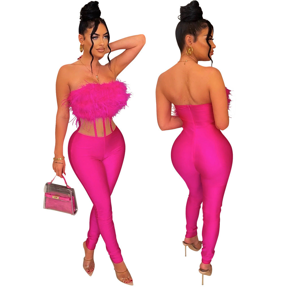 Women's Fashionable Sexy Fur Slimming Jumpsuit