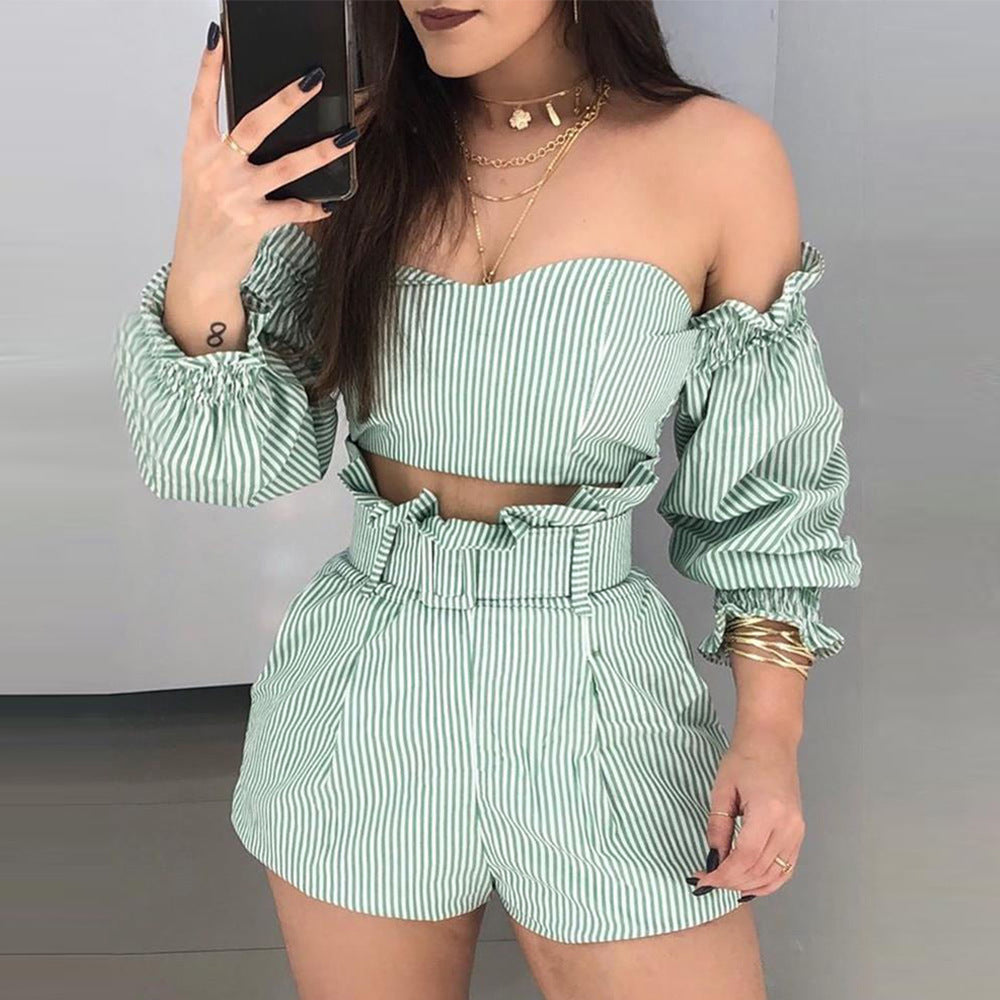 One-piece Shoulder Stripe Green Two-Piece Set