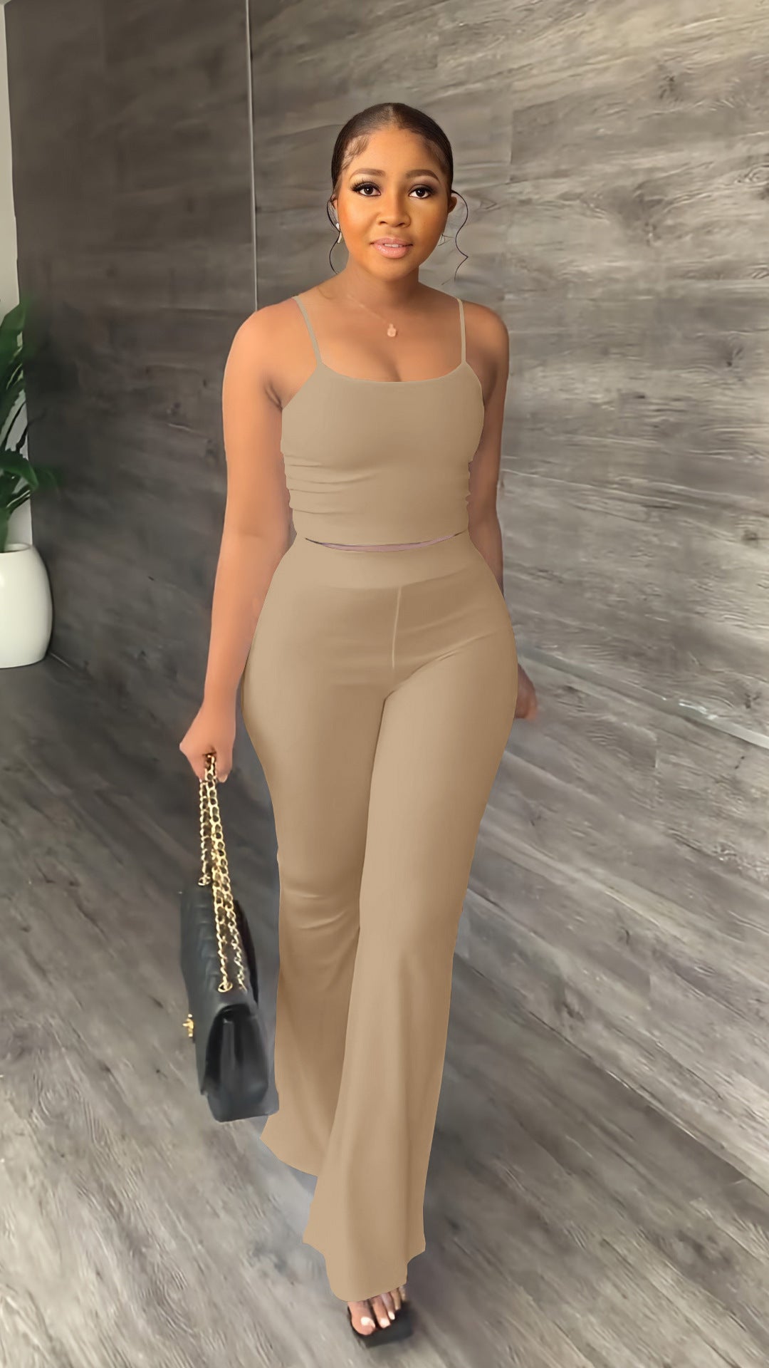 Women's Solid Color Sling Bell-Bottom Pants Fashion Two Piece Set