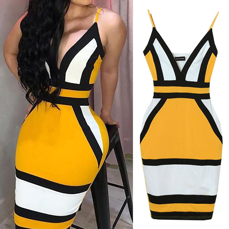 Sexy Yellow Contrast Printed Sling Dress