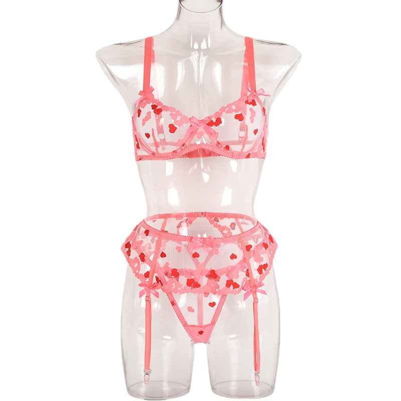 Women's Heart Love Embroidered Sexy Three Piece Lingerie Set